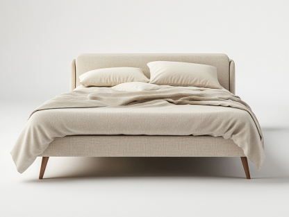 Cama doble minimalista tapizada en lino beige para dormitorio moderno-Moblimo