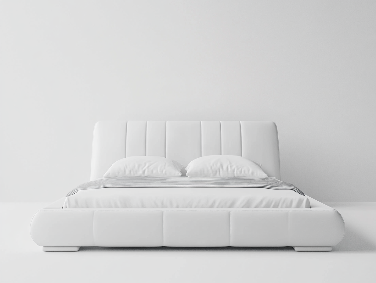 Cama baja contemporánea de piel sintética blanca con cabecero acolchado-Moblimo