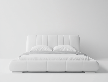 Cama baja contemporánea de piel sintética blanca con cabecero acolchado-Moblimo