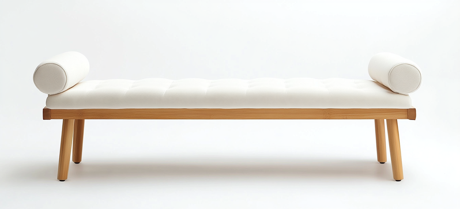 Banco de dormitorio tapizado blanco con capitoné y patas cilíndricas de madera para entrada o pie de cama-Moblimo