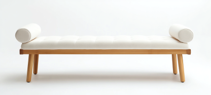 Banco de dormitorio tapizado blanco con capitoné y patas cilíndricas de madera para entrada o pie de cama-Moblimo