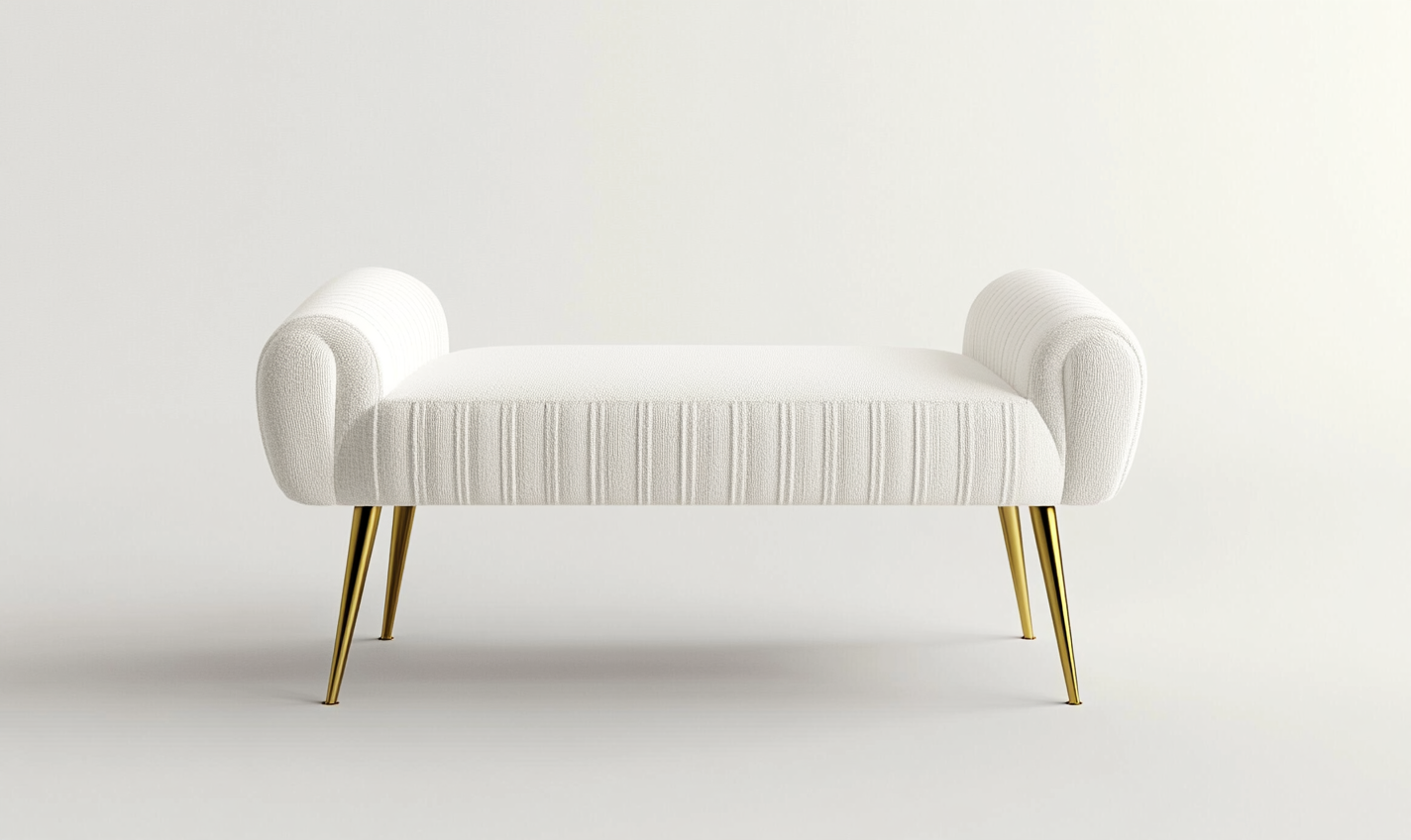 Banco tapizado con brazos curvos y patas doradas para dormitorio elegante-Moblimo