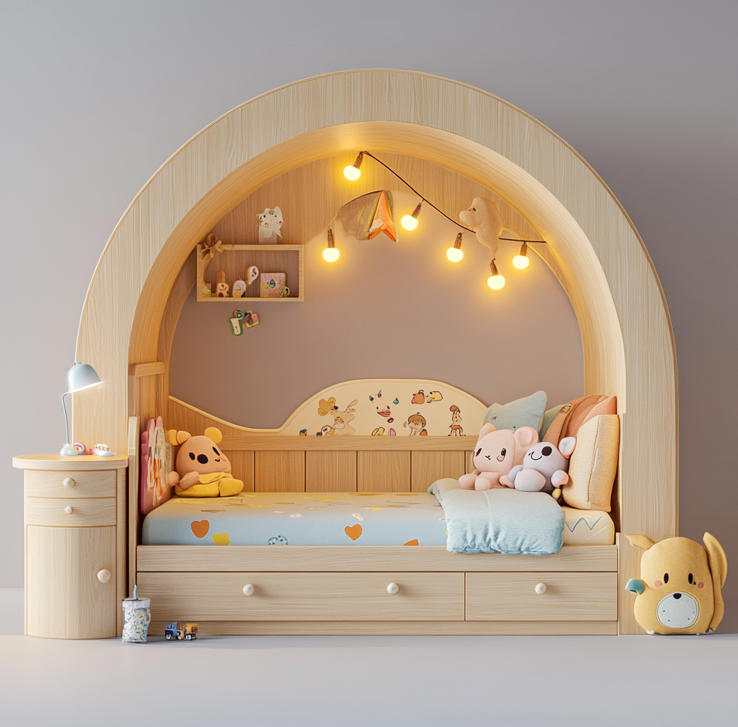 Cama con arco y estantería lateral para niños en madera natural-Moblimo