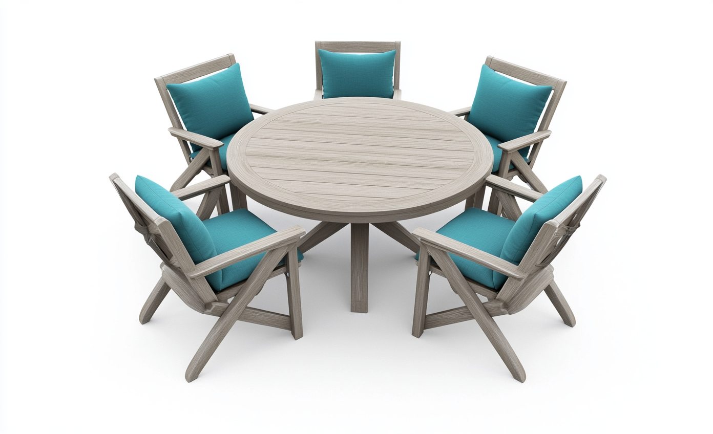 Conjunto Redondo de Jardín en Madera Sintética con 6 Sillas y Cojines Turquesa-Moblimo