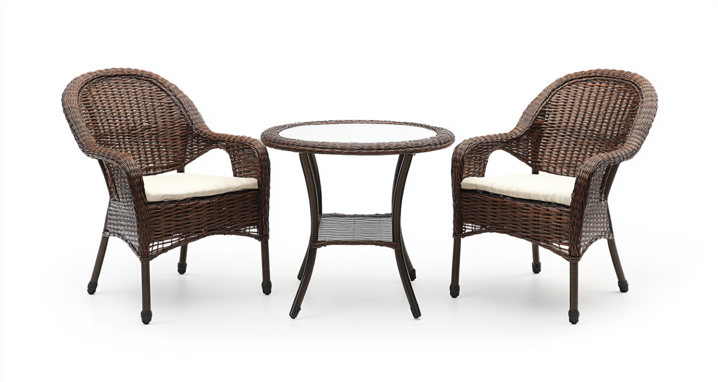 Conjunto de Ratán Marrón con 2 Sillones y Mesa Redonda con Vidrio-Moblimo