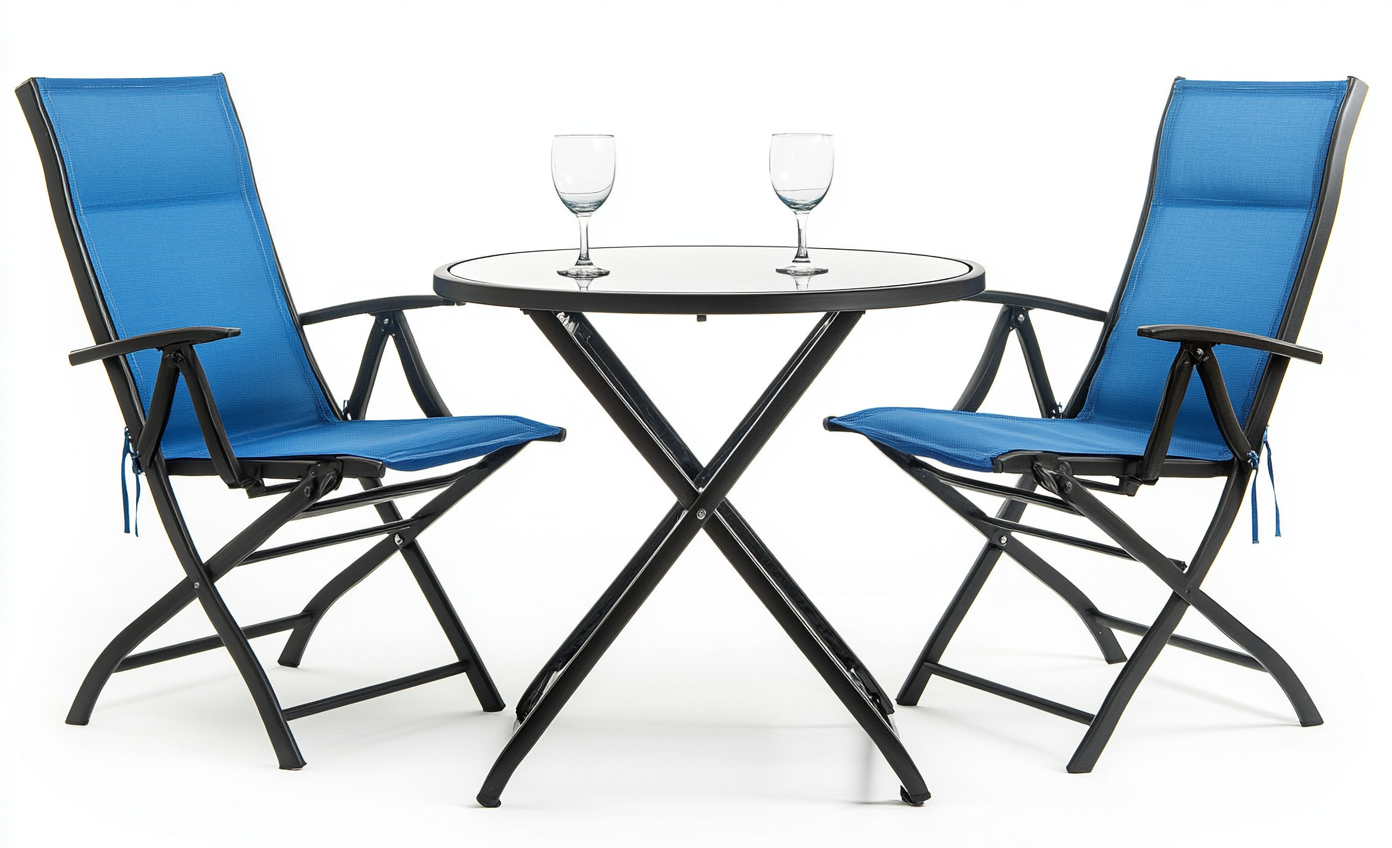 Set de Terraza con Sillas Reclinables Azules y Mesa Redonda de Cristal-Moblimo