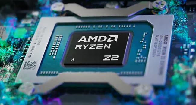 Le texte indique &laquo; AMD RYZEN &raquo; sur les processeurs informatiques. Plusieurs plans rapproch&eacute;s de processeurs AMD Ryzen avec des fonds de circuits imprim&eacute;s teint&eacute;s en bleu et des surfaces m&eacute;talliques de dissipateur de chaleur.