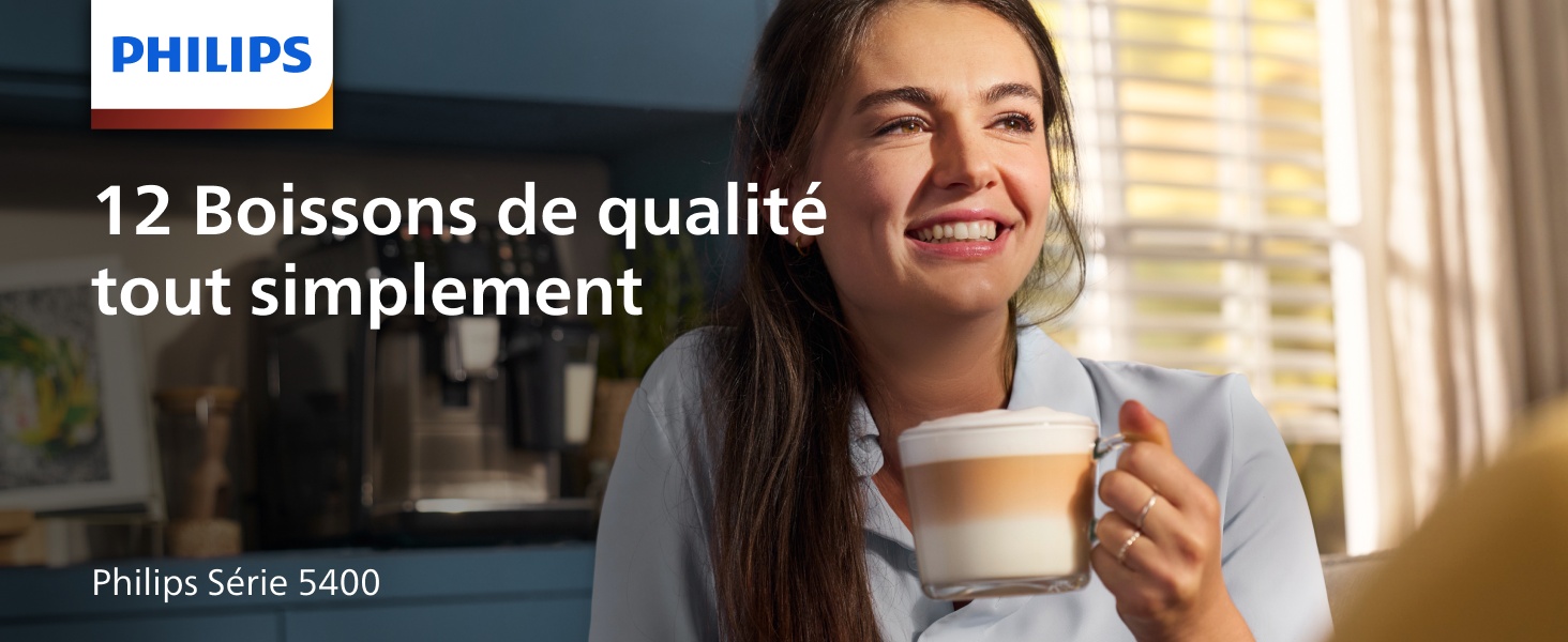 Le texte indique &laquo; PHILIPS &raquo; &laquo; 12 Boissons de qualit&eacute; tout simplement' &laquo; Philips Serie 5400 &raquo;. Images promotionnelles de machines &agrave; caf&eacute; montrant les caract&eacute;ristiques et l'utilisation du produit.