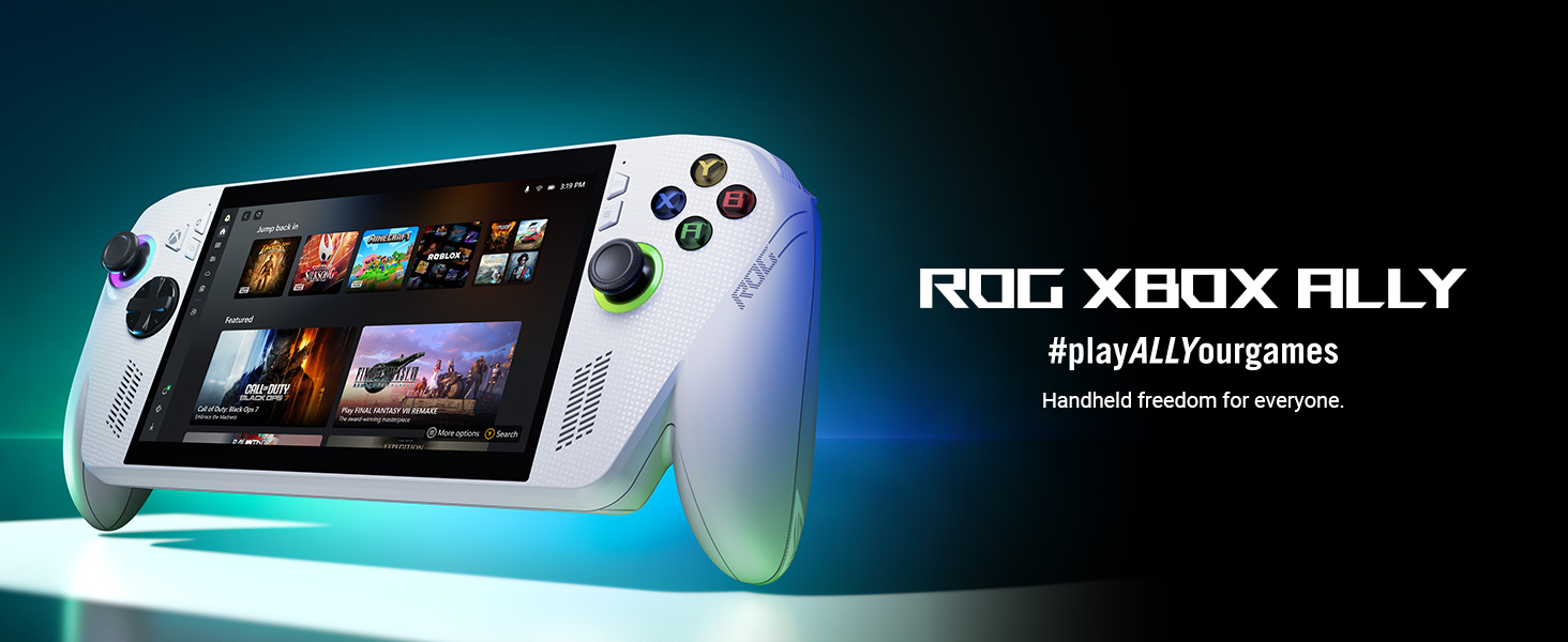 Le texte indique &laquo; ROG XBOX ALLY &raquo;. Image promotionnelle d'un appareil de jeu montrant une console portable sur fond sombre avec des effets d'&eacute;clairage bleu.