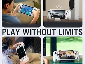 Le texte indique &laquo; JOUEZ SANS LIMITES &raquo;. Collage de sc&egrave;nes de jeu montrant des appareils de jeu portables utilis&eacute;s dans divers param&egrave;tres et positions pour le jeu portable.