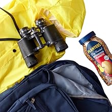 peanuts and backpack and rain jacket