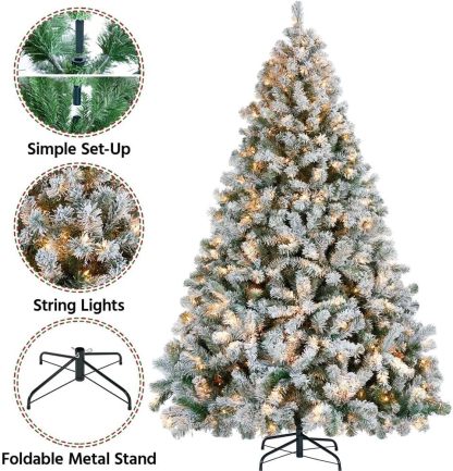 Yaheetech 7.5ft Pre-lit Artificial Christmas Tree W/Incandescent Warm White Lights, Snow Flocked Full Prelighted Xmas Tree W/1284 Branch Tips, 550 Incandescent Lights & Foldable Stand, Green & White