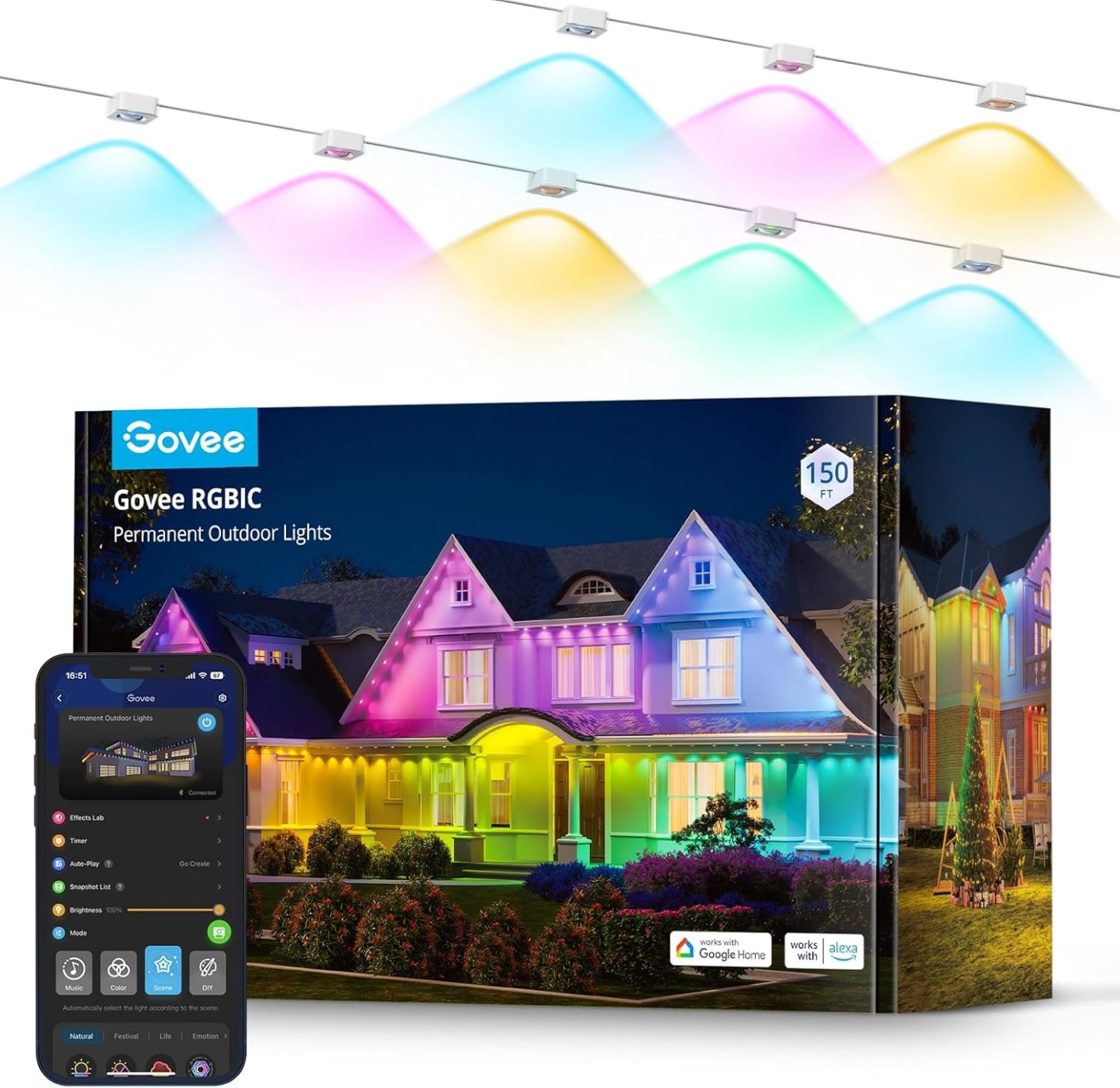 Govee Permanent Outdoor Lights, Smart RGBIC Outdoor Lights with 75 Scene Modes, 150ft with 108 LED Christmas Lights, IP67 Waterproof for Christmas Decorations, Work with Alexa, Google Assistant, White