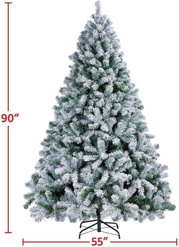 Yaheetech 7.5ft Pre-lit Artificial Christmas Tree W/Incandescent Warm White Lights, Snow Flocked Full Prelighted Xmas Tree W/1284 Branch Tips, 550 Incandescent Lights & Foldable Stand, Green & White