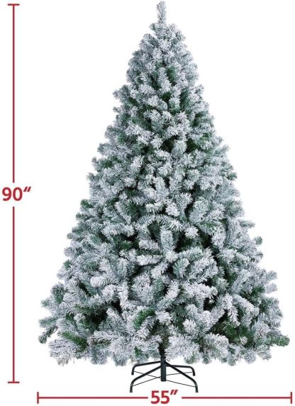 Yaheetech 7.5ft Pre-lit Artificial Christmas Tree W/Incandescent Warm White Lights, Snow Flocked Full Prelighted Xmas Tree W/1284 Branch Tips, 550 Incandescent Lights & Foldable Stand, Green & White