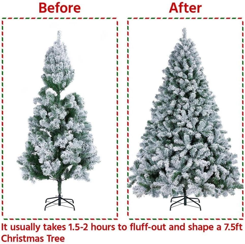 Yaheetech 7.5ft Pre-lit Artificial Christmas Tree W/Incandescent Warm White Lights, Snow Flocked Full Prelighted Xmas Tree W/1284 Branch Tips, 550 Incandescent Lights & Foldable Stand, Green & White