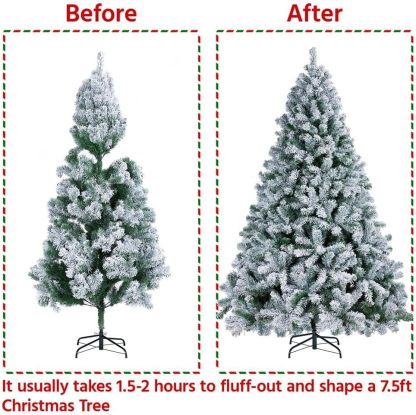 Yaheetech 7.5ft Pre-lit Artificial Christmas Tree W/Incandescent Warm White Lights, Snow Flocked Full Prelighted Xmas Tree W/1284 Branch Tips, 550 Incandescent Lights & Foldable Stand, Green & White