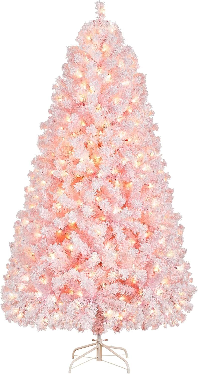 Yaheetech 7.5ft Pre-lit Artificial Christmas Tree W/Incandescent Warm White Lights, Snow Flocked Full Prelighted Xmas Tree W/1284 Branch Tips, 550 Incandescent Lights & Foldable Stand, Green & White