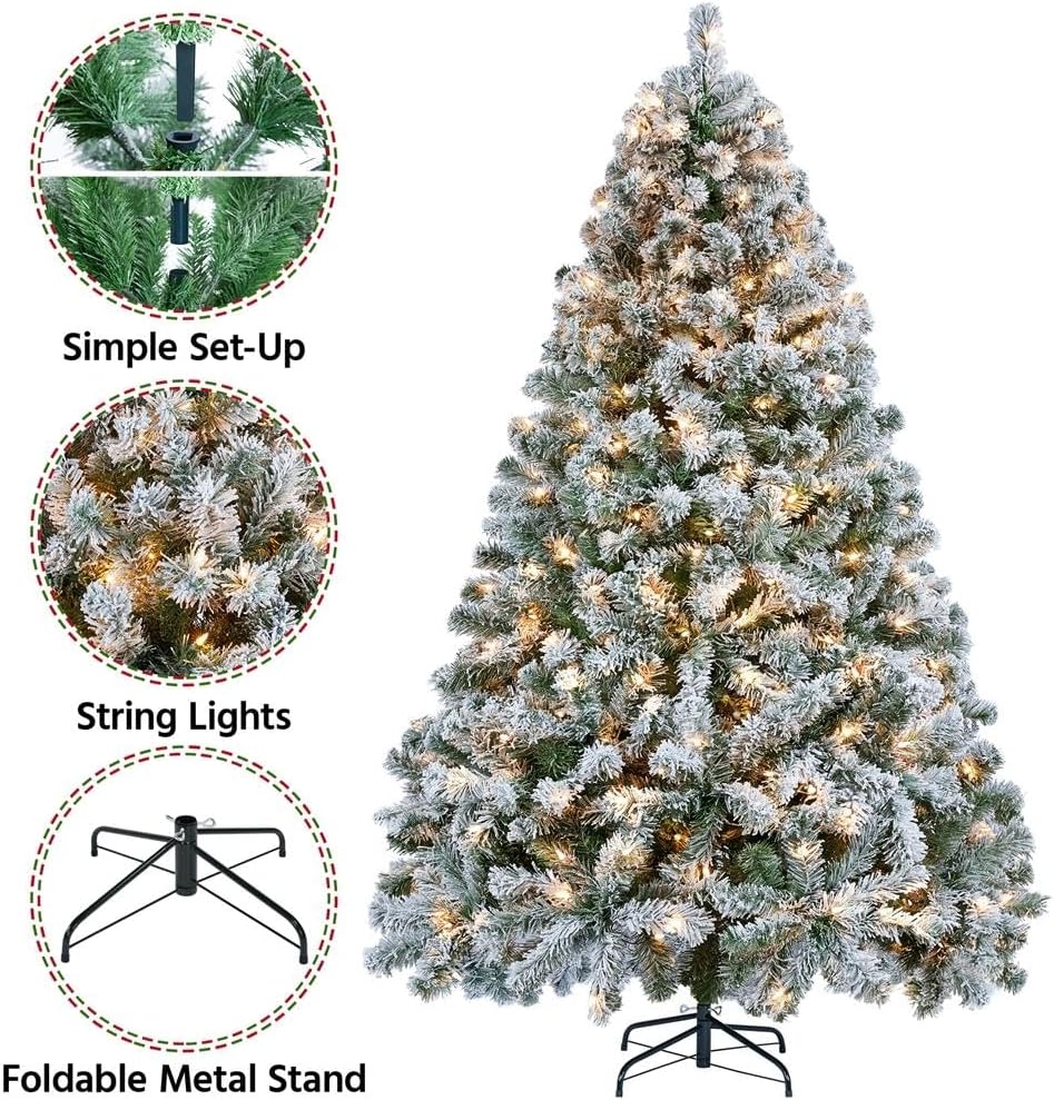 Yaheetech 7.5ft Pre-lit Artificial Christmas Tree W/Incandescent Warm White Lights, Snow Flocked Full Prelighted Xmas Tree W/1284 Branch Tips, 550 Incandescent Lights & Foldable Stand, Green & White