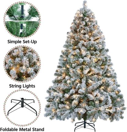 Yaheetech 7.5ft Pre-lit Artificial Christmas Tree W/Incandescent Warm White Lights, Snow Flocked Full Prelighted Xmas Tree W/1284 Branch Tips, 550 Incandescent Lights & Foldable Stand, Green & White