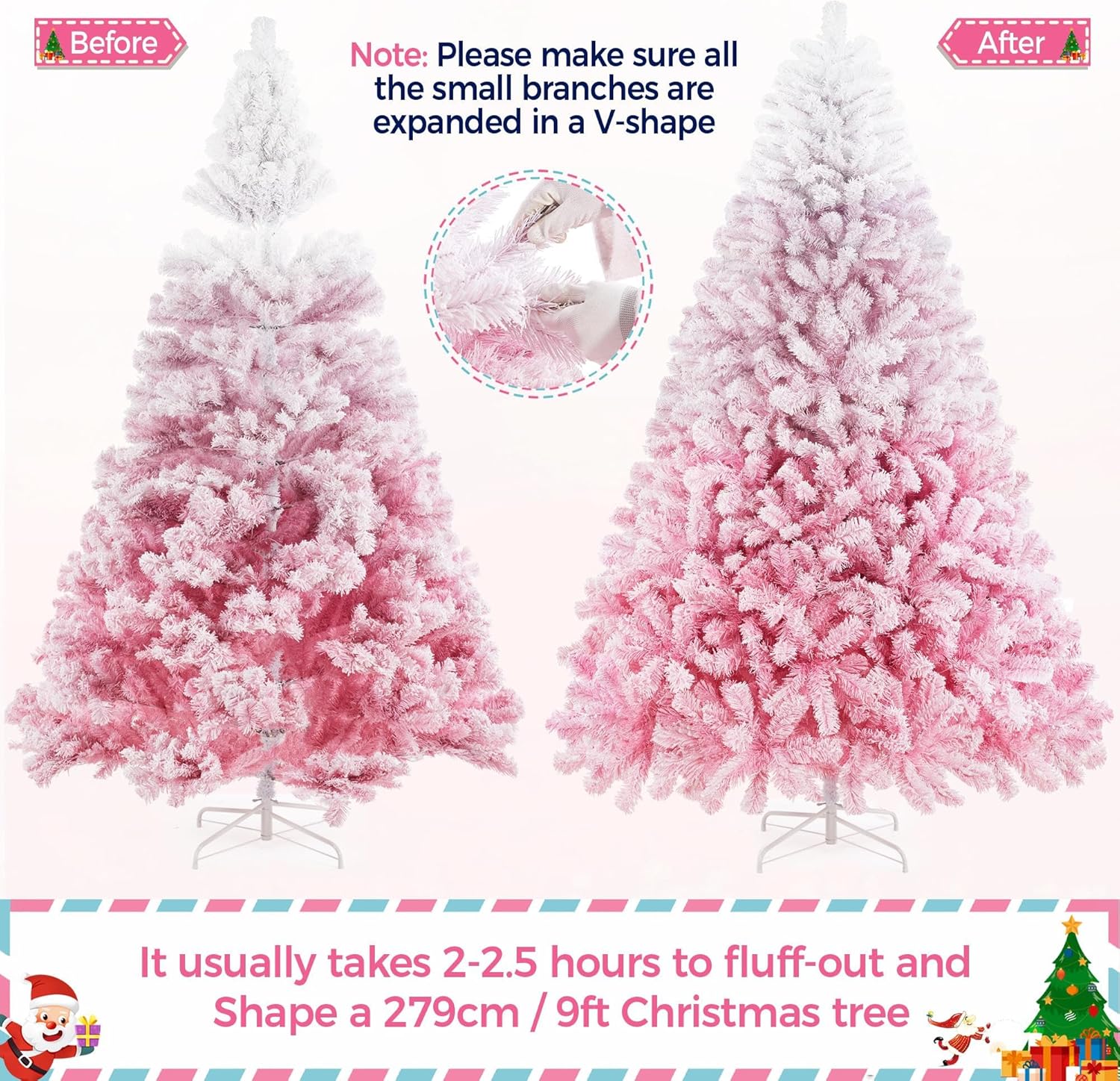 Yaheetech 7.5ft Pre-lit Artificial Christmas Tree W/Incandescent Warm White Lights, Snow Flocked Full Prelighted Xmas Tree W/1284 Branch Tips, 550 Incandescent Lights & Foldable Stand, Green & White