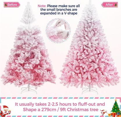 Yaheetech 7.5ft Pre-lit Artificial Christmas Tree W/Incandescent Warm White Lights, Snow Flocked Full Prelighted Xmas Tree W/1284 Branch Tips, 550 Incandescent Lights & Foldable Stand, Green & White