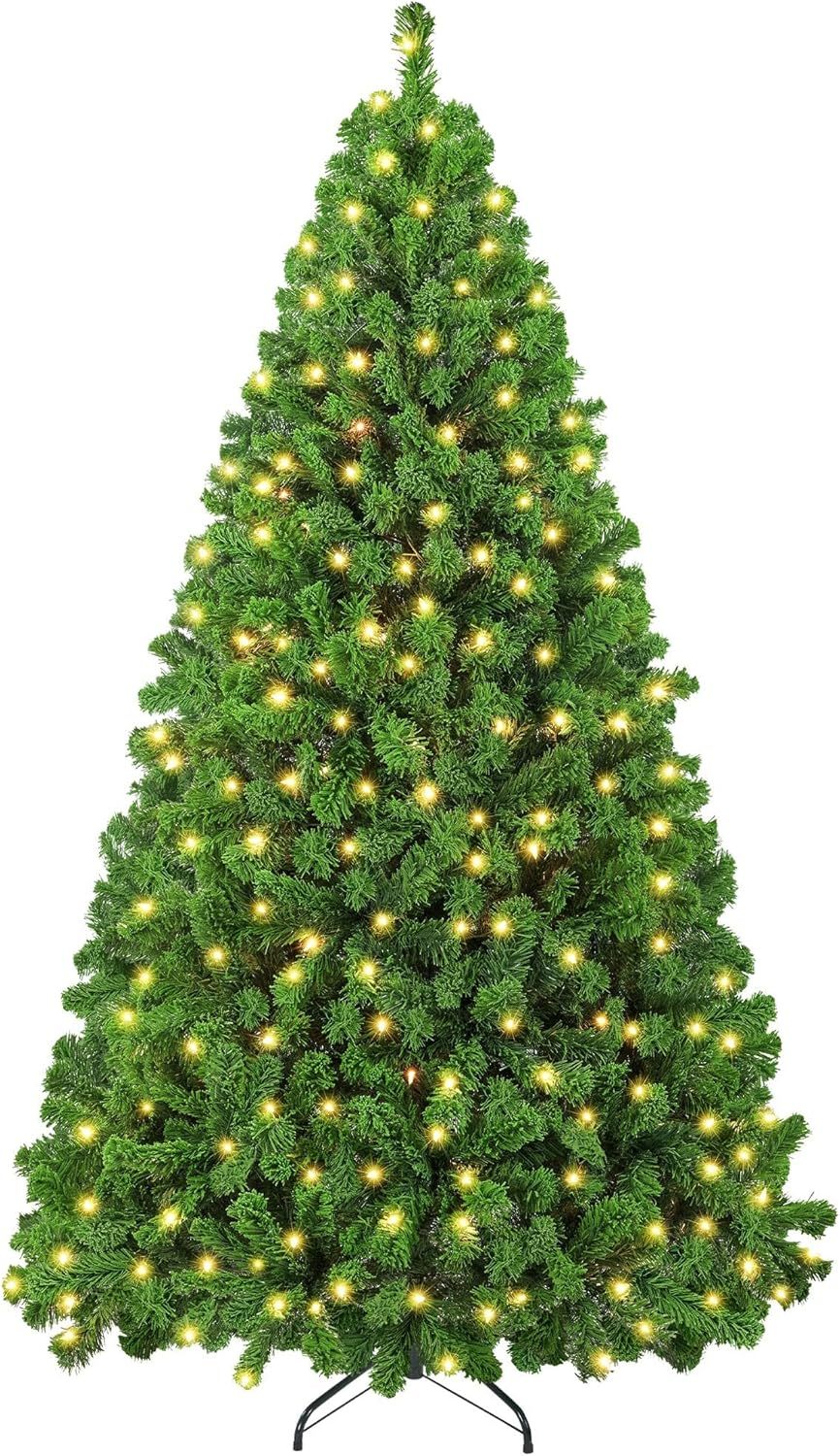 Yaheetech 7.5ft Pre-lit Artificial Christmas Tree W/Incandescent Warm White Lights, Snow Flocked Full Prelighted Xmas Tree W/1284 Branch Tips, 550 Incandescent Lights & Foldable Stand, Green & White