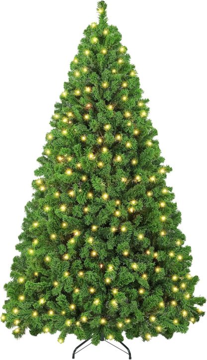 Yaheetech 7.5ft Pre-lit Artificial Christmas Tree W/Incandescent Warm White Lights, Snow Flocked Full Prelighted Xmas Tree W/1284 Branch Tips, 550 Incandescent Lights & Foldable Stand, Green & White