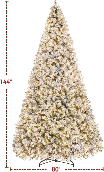 Yaheetech 7.5ft Pre-lit Artificial Christmas Tree W/Incandescent Warm White Lights, Snow Flocked Full Prelighted Xmas Tree W/1284 Branch Tips, 550 Incandescent Lights & Foldable Stand, Green & White