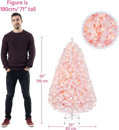 Yaheetech 7.5ft Pre-lit Artificial Christmas Tree W/Incandescent Warm White Lights, Snow Flocked Full Prelighted Xmas Tree W/1284 Branch Tips, 550 Incandescent Lights & Foldable Stand, Green & White