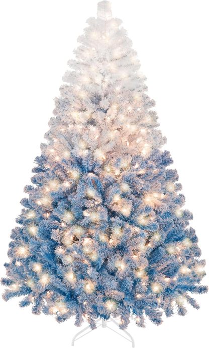Yaheetech 7.5ft Pre-lit Artificial Christmas Tree W/Incandescent Warm White Lights, Snow Flocked Full Prelighted Xmas Tree W/1284 Branch Tips, 550 Incandescent Lights & Foldable Stand, Green & White