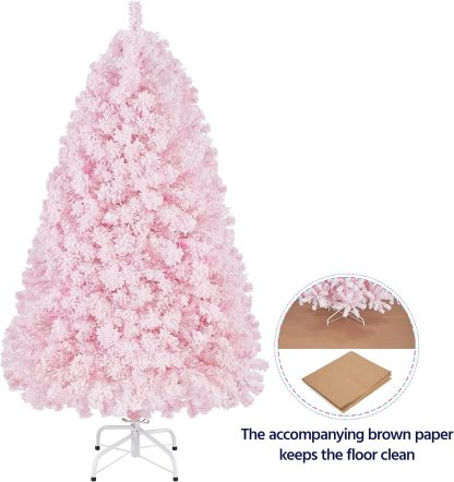 Yaheetech 7.5ft Pre-lit Artificial Christmas Tree W/Incandescent Warm White Lights, Snow Flocked Full Prelighted Xmas Tree W/1284 Branch Tips, 550 Incandescent Lights & Foldable Stand, Green & White