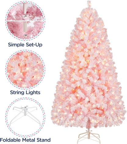 Yaheetech 7.5ft Pre-lit Artificial Christmas Tree W/Incandescent Warm White Lights, Snow Flocked Full Prelighted Xmas Tree W/1284 Branch Tips, 550 Incandescent Lights & Foldable Stand, Green & White