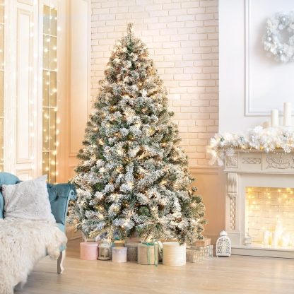 Yaheetech 7.5ft Pre-lit Artificial Christmas Tree W/Incandescent Warm White Lights, Snow Flocked Full Prelighted Xmas Tree W/1284 Branch Tips, 550 Incandescent Lights & Foldable Stand, Green & White