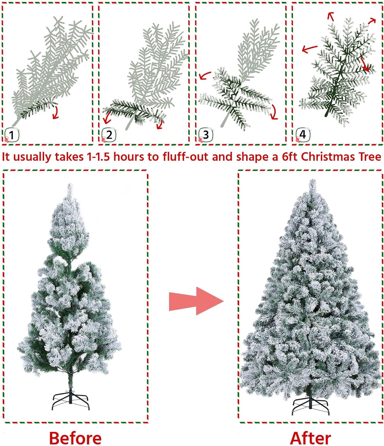 Yaheetech 7.5ft Pre-lit Artificial Christmas Tree W/Incandescent Warm White Lights, Snow Flocked Full Prelighted Xmas Tree W/1284 Branch Tips, 550 Incandescent Lights & Foldable Stand, Green & White