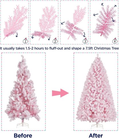 Yaheetech 7.5ft Pre-lit Artificial Christmas Tree W/Incandescent Warm White Lights, Snow Flocked Full Prelighted Xmas Tree W/1284 Branch Tips, 550 Incandescent Lights & Foldable Stand, Green & White