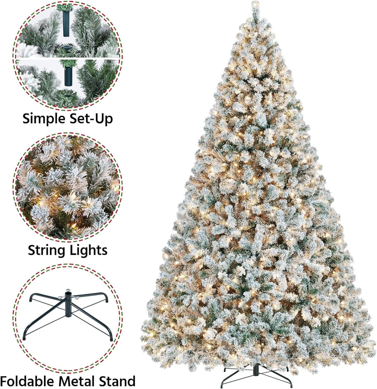 Yaheetech 7.5ft Pre-lit Artificial Christmas Tree W/Incandescent Warm White Lights, Snow Flocked Full Prelighted Xmas Tree W/1284 Branch Tips, 550 Incandescent Lights & Foldable Stand, Green & White