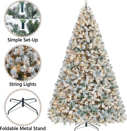 Yaheetech 7.5ft Pre-lit Artificial Christmas Tree W/Incandescent Warm White Lights, Snow Flocked Full Prelighted Xmas Tree W/1284 Branch Tips, 550 Incandescent Lights & Foldable Stand, Green & White