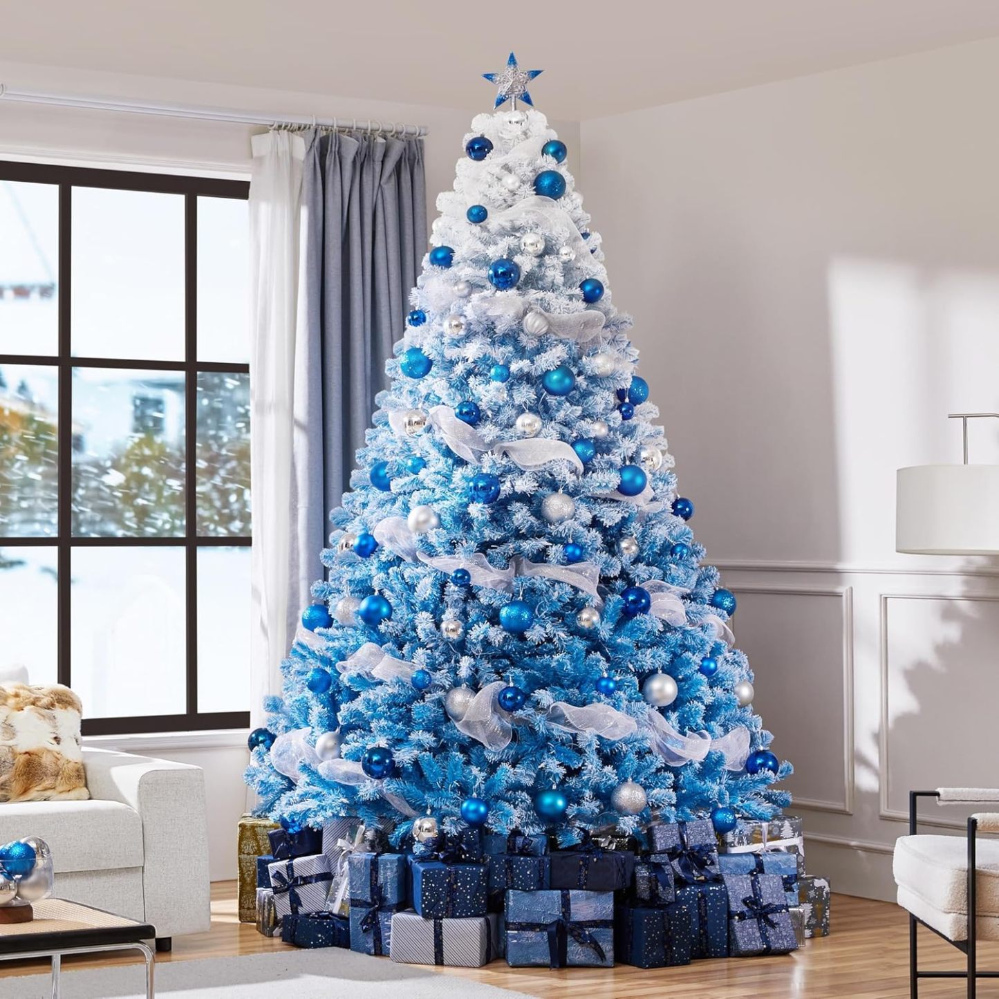 Yaheetech 7.5ft Pre-lit Artificial Christmas Tree W/Incandescent Warm White Lights, Snow Flocked Full Prelighted Xmas Tree W/1284 Branch Tips, 550 Incandescent Lights & Foldable Stand, Green & White