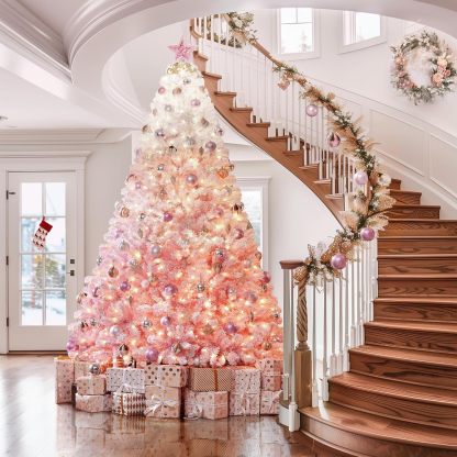 Yaheetech 7.5ft Pre-lit Artificial Christmas Tree W/Incandescent Warm White Lights, Snow Flocked Full Prelighted Xmas Tree W/1284 Branch Tips, 550 Incandescent Lights & Foldable Stand, Green & White