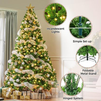 Yaheetech 7.5ft Pre-lit Artificial Christmas Tree W/Incandescent Warm White Lights, Snow Flocked Full Prelighted Xmas Tree W/1284 Branch Tips, 550 Incandescent Lights & Foldable Stand, Green & White