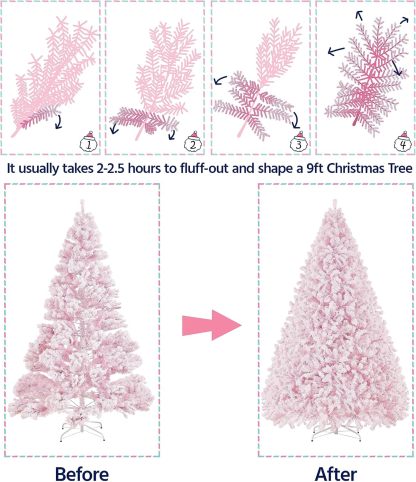 Yaheetech 7.5ft Pre-lit Artificial Christmas Tree W/Incandescent Warm White Lights, Snow Flocked Full Prelighted Xmas Tree W/1284 Branch Tips, 550 Incandescent Lights & Foldable Stand, Green & White