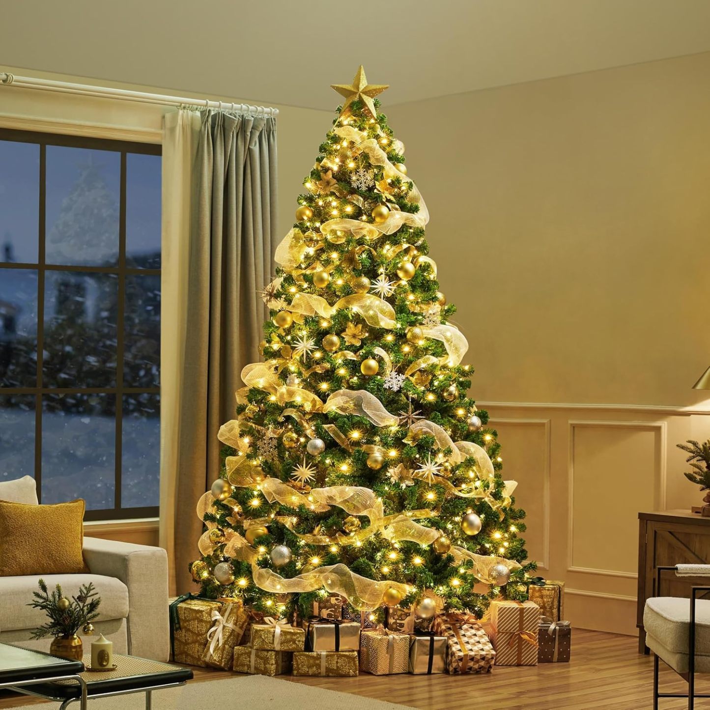 Yaheetech 7.5ft Pre-lit Artificial Christmas Tree W/Incandescent Warm White Lights, Snow Flocked Full Prelighted Xmas Tree W/1284 Branch Tips, 550 Incandescent Lights & Foldable Stand, Green & White