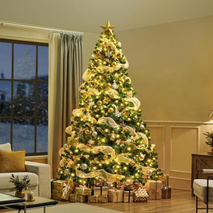 Yaheetech 7.5ft Pre-lit Artificial Christmas Tree W/Incandescent Warm White Lights, Snow Flocked Full Prelighted Xmas Tree W/1284 Branch Tips, 550 Incandescent Lights & Foldable Stand, Green & White
