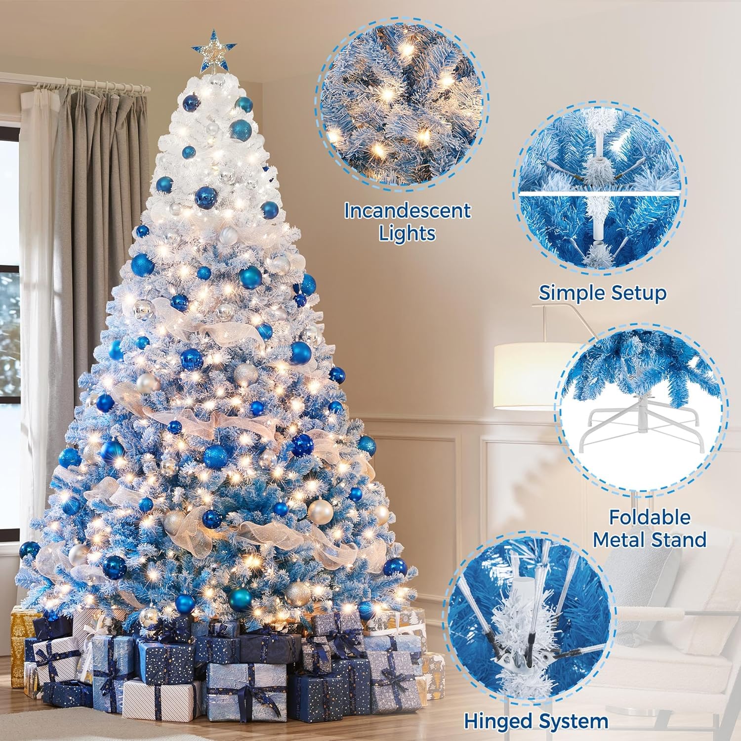 Yaheetech 7.5ft Pre-lit Artificial Christmas Tree W/Incandescent Warm White Lights, Snow Flocked Full Prelighted Xmas Tree W/1284 Branch Tips, 550 Incandescent Lights & Foldable Stand, Green & White