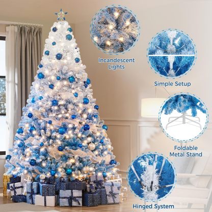 Yaheetech 7.5ft Pre-lit Artificial Christmas Tree W/Incandescent Warm White Lights, Snow Flocked Full Prelighted Xmas Tree W/1284 Branch Tips, 550 Incandescent Lights & Foldable Stand, Green & White