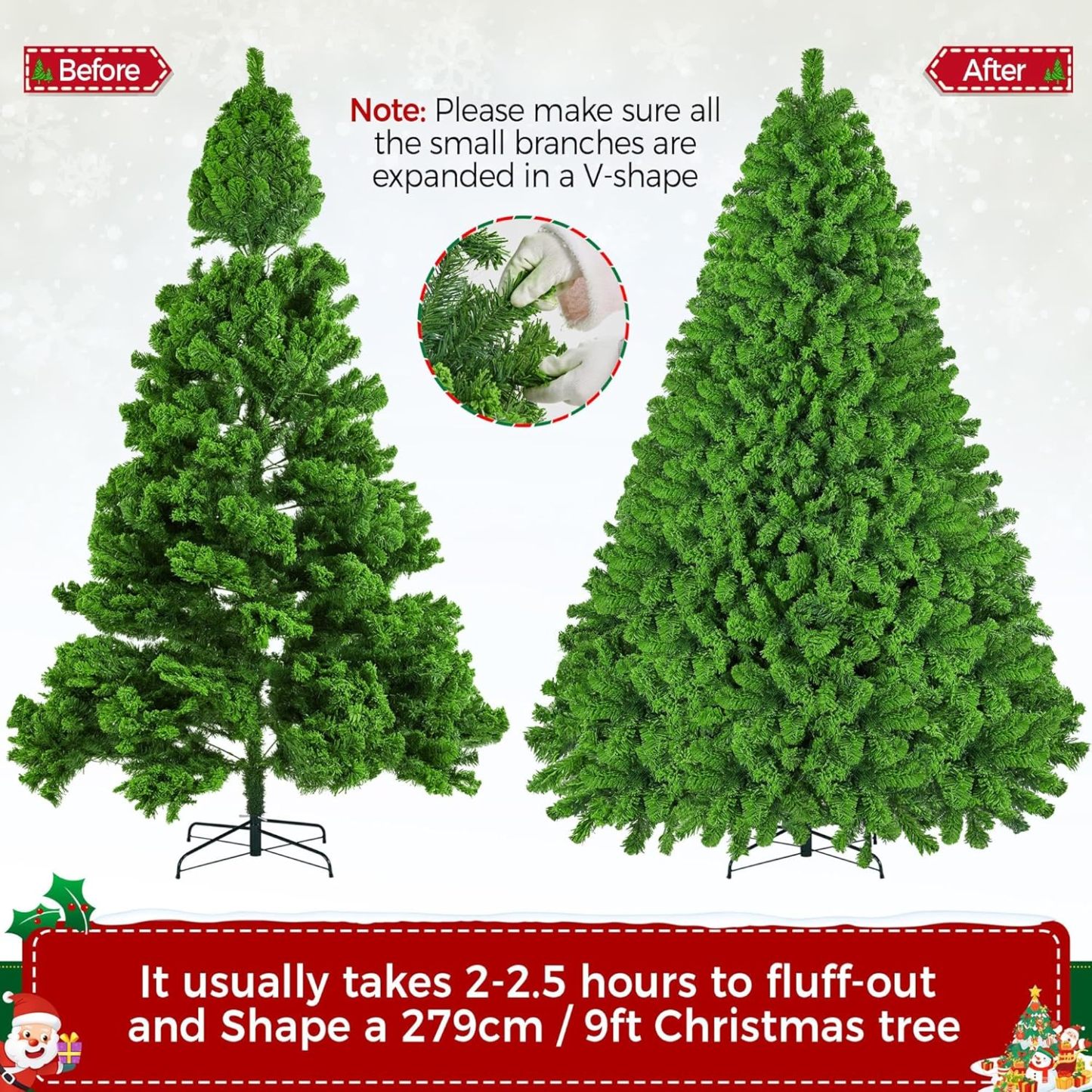 Yaheetech 7.5ft Pre-lit Artificial Christmas Tree W/Incandescent Warm White Lights, Snow Flocked Full Prelighted Xmas Tree W/1284 Branch Tips, 550 Incandescent Lights & Foldable Stand, Green & White