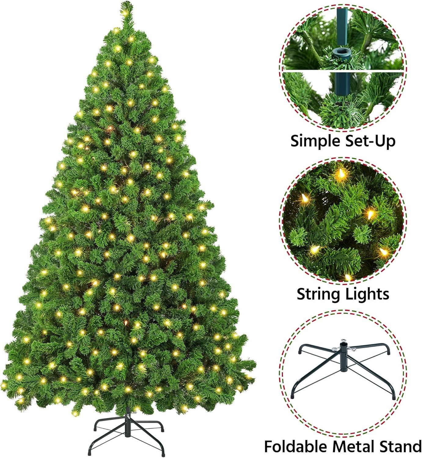 Yaheetech 7.5ft Pre-lit Artificial Christmas Tree W/Incandescent Warm White Lights, Snow Flocked Full Prelighted Xmas Tree W/1284 Branch Tips, 550 Incandescent Lights & Foldable Stand, Green & White