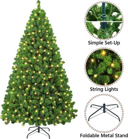 Yaheetech 7.5ft Pre-lit Artificial Christmas Tree W/Incandescent Warm White Lights, Snow Flocked Full Prelighted Xmas Tree W/1284 Branch Tips, 550 Incandescent Lights & Foldable Stand, Green & White