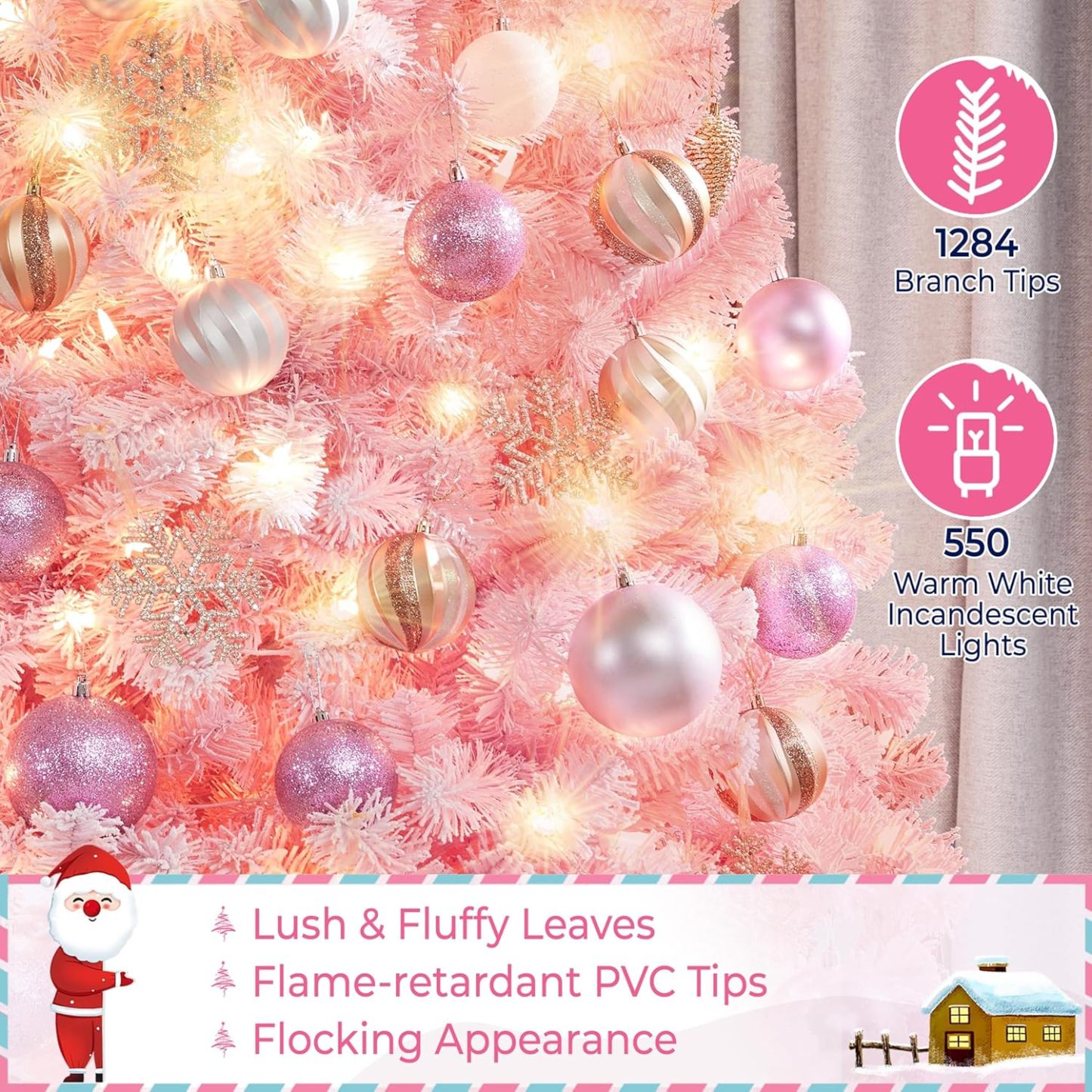 Yaheetech 7.5ft Pre-lit Artificial Christmas Tree W/Incandescent Warm White Lights, Snow Flocked Full Prelighted Xmas Tree W/1284 Branch Tips, 550 Incandescent Lights & Foldable Stand, Green & White